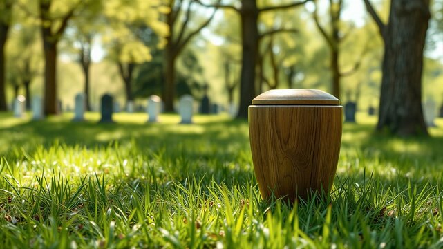 Biodegradable wooden urn with ashes on green grass, with blurred background of tombstones and cemetery trees. Concept of eco-friendly green burial.