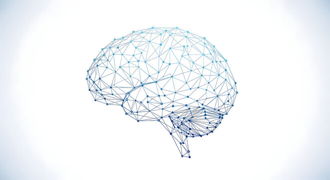 A futuristic illustration of a human brain made of interconnected lines and nodes on a white background
