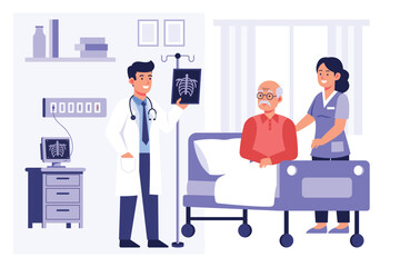 Fototapeta premium Doctor And Nurse Caring For Senior Patient In Hospital Room Vector Illustration