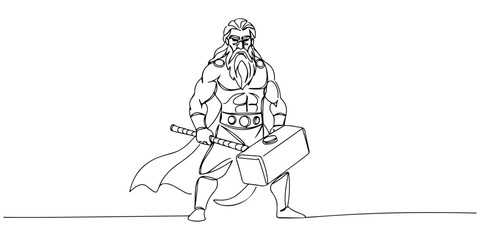 Continuous one line of a thunder god wielding a hammer, drawn illustration.