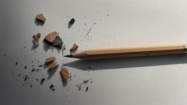 A sharpened wooden pencil with its shavings scattered across a white surface