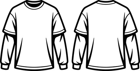 Layered Long Sleeve T Shirt Front and Back View Flat Vector Fashion Apparel Template for Urban Streetwear Mockup