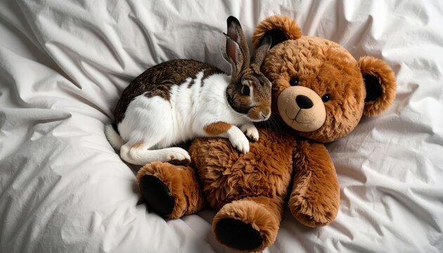 Adorable springhare resting peacefully atop a cuddly teddy bear on bedding