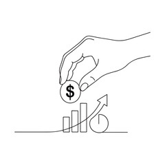 Hand dropping dollar coin onto growing bar chart money