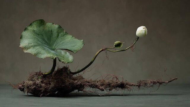 A botanical still life, featuring a large leaf, bud, and root structure against a muted background