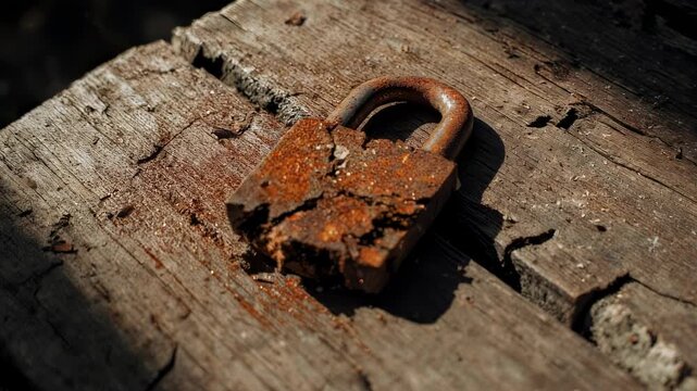 Heavily rusted, broken padlock lies on weathered wooden planks