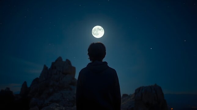 A person gazing at the moon from the mountaintop