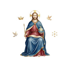 Fototapeta premium Watercolor Illustration of Jesus Christ Enthroned, Surrounded by Symbols of Royalty and Divinity