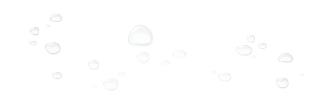 Realistic water drops on a transparent background, condensation on the surface with light reflection and shadow, vector, png, 3D effect.	

