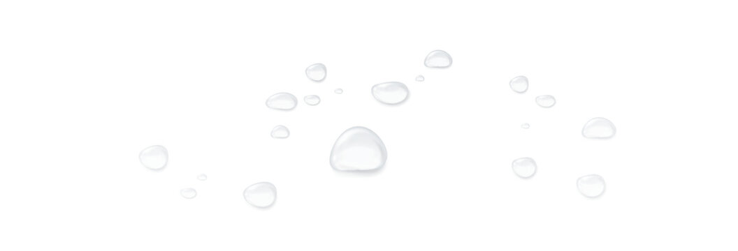 Realistic water drops on a transparent background, condensation on the surface with light reflection and shadow, vector, png, 3D effect.	
