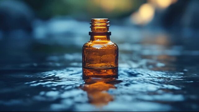 Amber glass bottle floating on clear water with blurred nature background