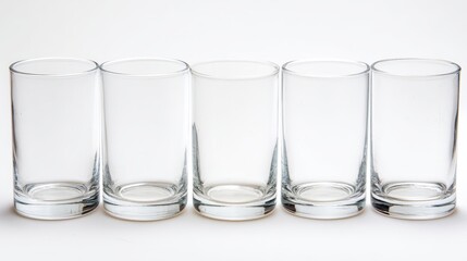 A row of five empty glass tumblers sits on a white background, showcasing clarity and simplicity, Ideal for restaurant menus, product showcases, or kitchen decor themes,