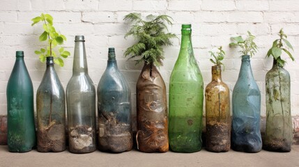 Creative Urban Gardening with Recycled Bottles Showcasing Plants Growing Sustainably in Clear Glass Containers for Eco-Friendly Lifestyle Inspiration