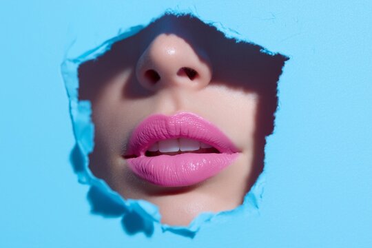 A woman's face is shown through a hole in a blue wall