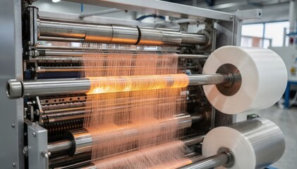 Naklejka premium Medium shot capturing a highspeed spindrawwind line in action emphasizing rapid filament extrusion drawing and winding for efficient fiber production.