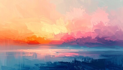 Fototapeta premium 夕焼け抽象ランドスケープ 油彩タッチのカラフル背景