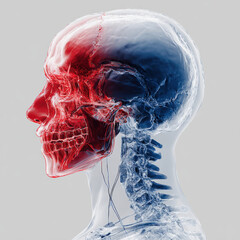 Anatomical 3D Illustration of Human Head and Skull with Red Highlighting on Facial Bone Structure and Jaw and Blue Shading on Cranium and Spine for Medical Science Education and Diagnostic Radiology