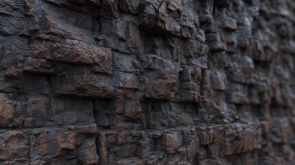 Fototapeta premium A close-up view of textured rock formations showcasing deep grooves and shadows, suitable for backgrounds, architectural designs, or nature-themed projects, The image captures rugged natural beauty,