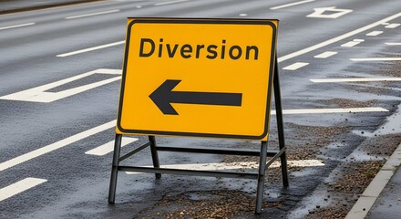 Wet Road with Yellow Directional Diversion Sign Indicating Left Turn yellow signboard