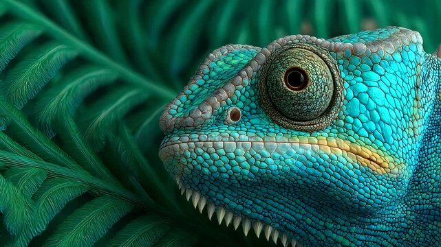 Close-up of a vibrant blue lizard resting on lush green foliage