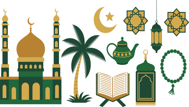 Islamic Ramadan Mubarak elements set with mosque, lantern, Quran, prayer beads, moon and palm tree vector