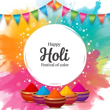 Vibrant holi celebration with colorful powders and flags