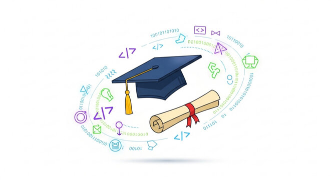 Graduation cap and diploma with coding symbols around representing education and programming skills