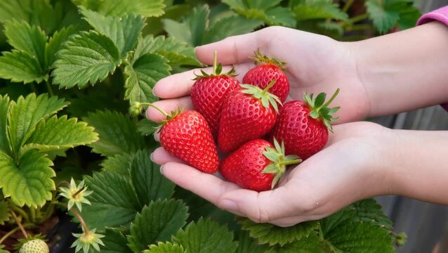 Hands gently holding ripe red strawberries against lush green leaves, capturing freshness, harvest joy, and natural garden abundance.