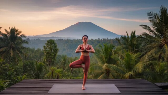 Woman practicing Tree Pose at sunrise on a wooden platform, overlooking lush mountains, embodying balance, mindfulness, and harmony with nature.