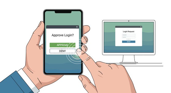 Hands hold a smartphone showing an approve login prompt while a desktop computer displays a login request.
