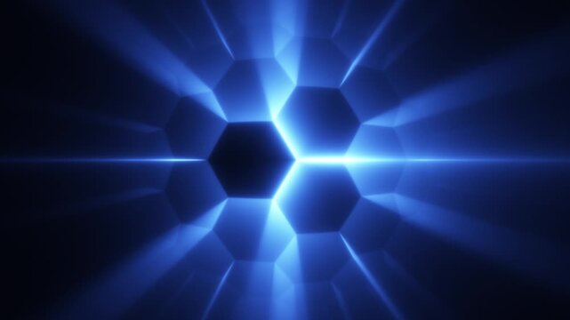 Futuristic blue hexagon grid animation with glowing neon lights and abstract tech pattern