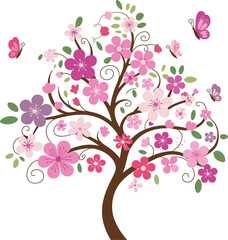 Obraz premium Beautiful spring blooming tree with pink and purple flowers and colorful butterflies on white background