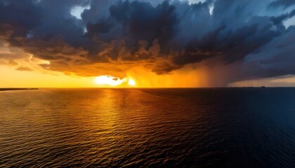 Obraz premium Dramatic sunset over the ocean with storm clouds gathering.