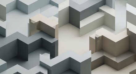 Obraz premium Abstract geometric maze pattern, 3d rendering, isometric view, neutral colors, architectural background