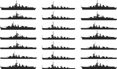 Collection of naval warship silhouettes, military vessel icons set, battleship destroyer and cruiser maritime transport vector illustrations for navy marine army defense design © Dilip