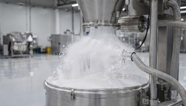 Medium shot of a jet mill dispersing titanium dioxide pigment particles showcasing the highspeed air stream refining powders with precision and efficiency in a clean production