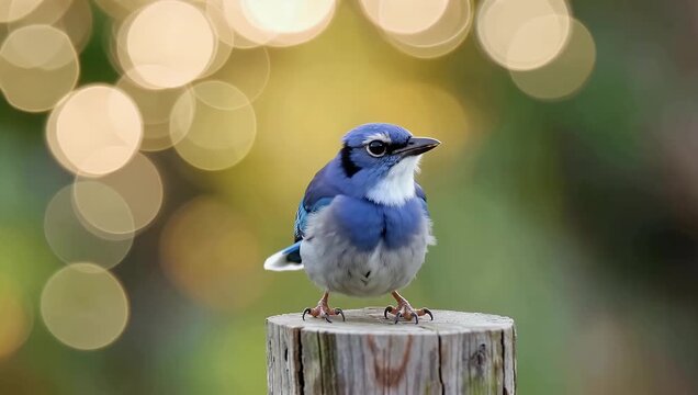 Vibrant blue jay perched on wooden post with bokeh background