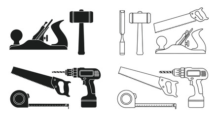 Collection of black and white woodworking and power tools illustrations