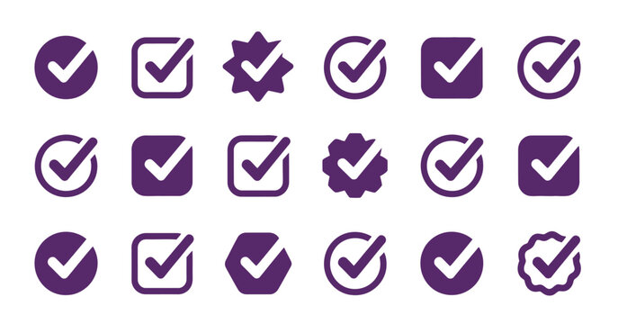 Tick icon set, checkmarks and approve symbols for survey validation, app notification UI, feedback control, or confirm status indicator, black glyphs vector