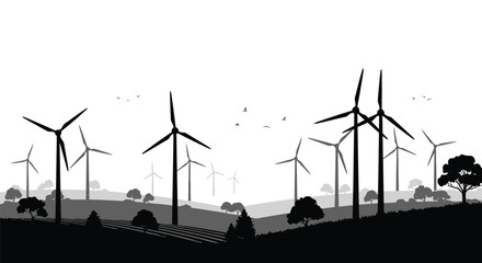 A grayscale landscape featuring several wind turbines and distant hills © Siam Studio