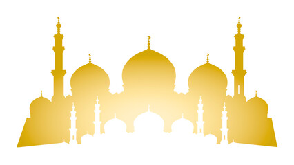 Islamic mosque silhouette with golden gradient and multiple domes and minarets illustration transparent background © Akash