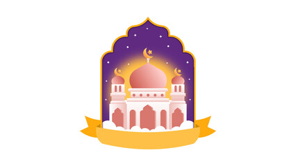 Mosque illustration with domes and minarets surrounded by stars and crescent moons at night transparent background © Akash