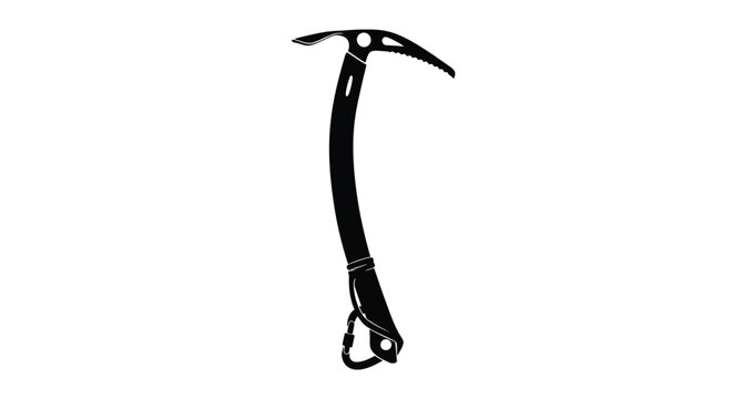 A black silhouette of a traditional ice axe against a white background