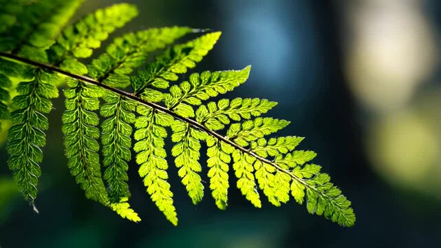 Close-up of a vibrant green fern leaf illuminated by sunlight.