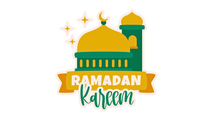 Ramadan Kareem mosque illustration with green and yellow domes and minaret on transparent background transparent background © Akash