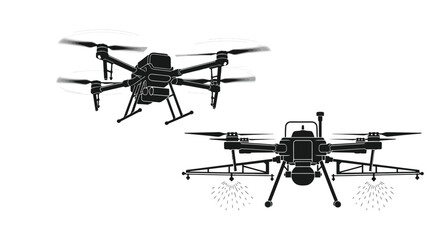 Two black and white illustrations of modern agricultural drones with propellers
