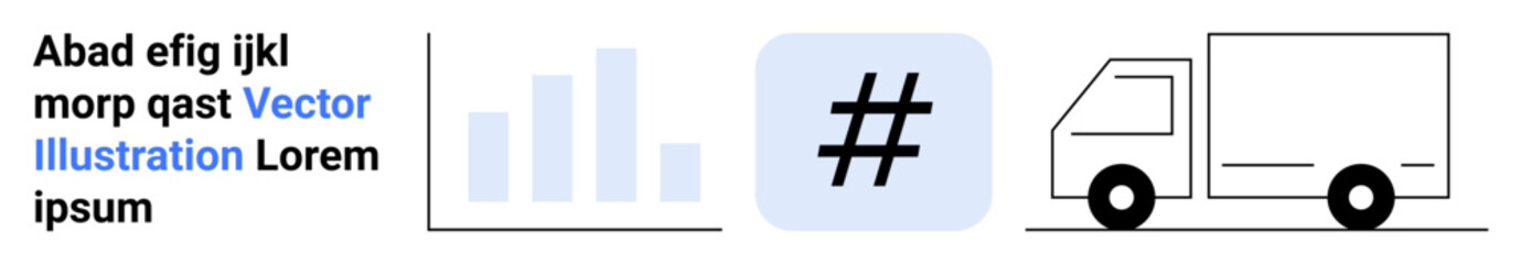 Fototapeta premium Bar graph, metadata tag icon, and truck outline next to placeholder text in a clean layout. Ideal for analytics, logistics, social media, delivery, business, marketing simple landing page