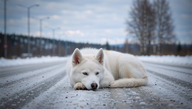 White Siberian Husky with blue eyes lying on a snowy road. Portrait of a fluffy white dog resting in winter