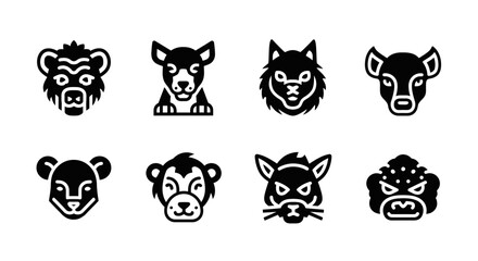 Fototapeta premium Collection of Diverse Animal Head Icons Representing Various Mammals and Carnivores in a Stylized Graphic Format