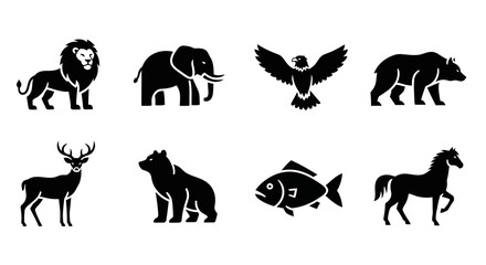 Fototapeta premium Collection of various animal silhouette icons including a lion, elephant, eagle, deer, bear, fish, and horse